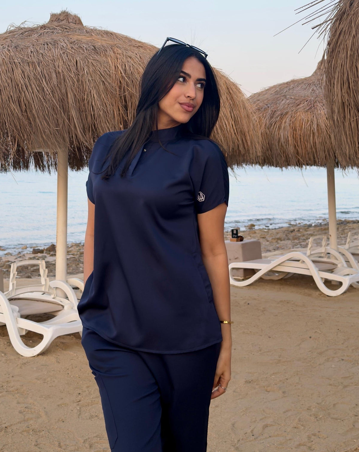 Female half collar navy blue scrub
