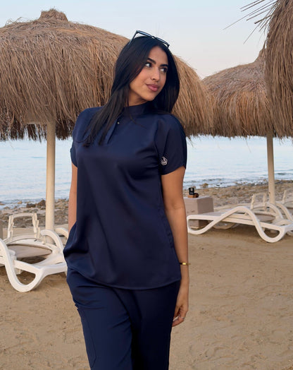 Female half collar navy blue scrub