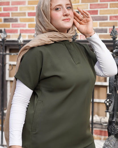 Military green Half Collar Scrub