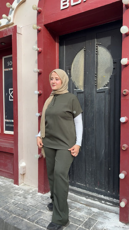 Military green Half Collar Scrub